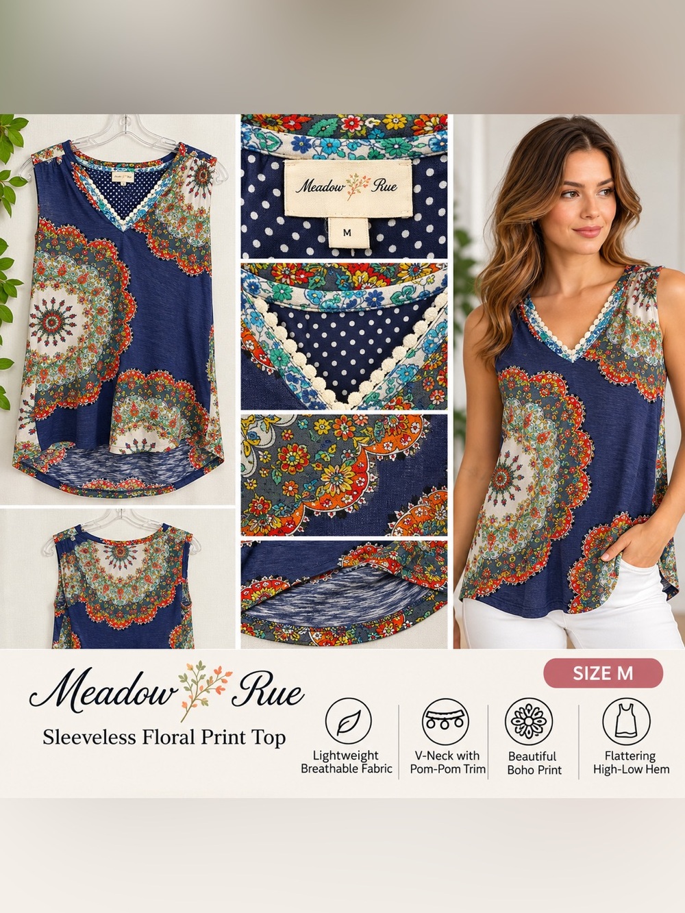 Meadow Rue Navy Paisley Medallion V‑Neck Tank-medium
